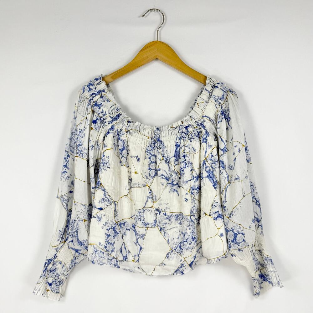 All Saints Women’s Lara Off The Shoulder Smocked Top Size 8 White Linen Silk - Picture 2 of 13